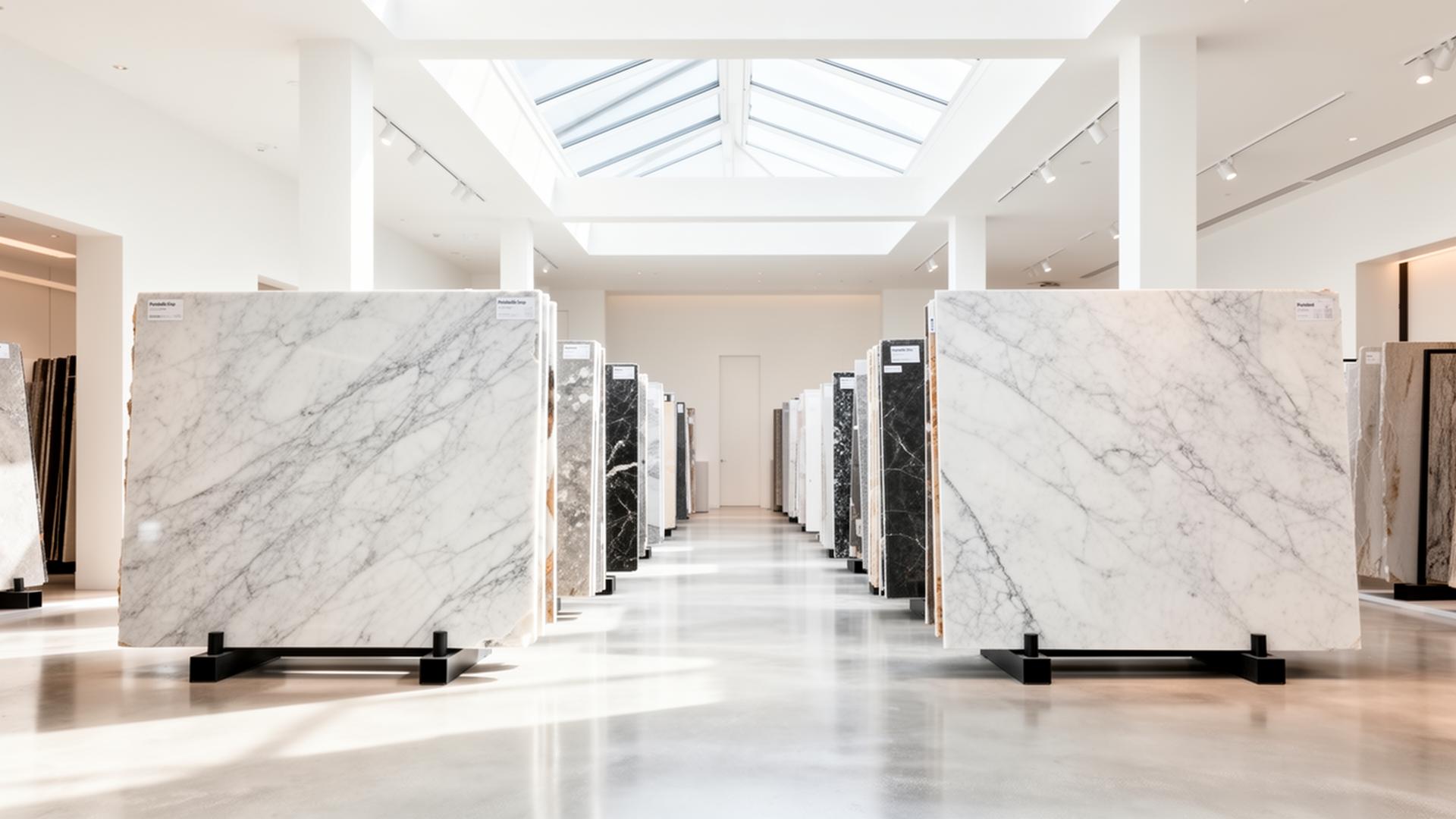 Showroom ZN com chapas inteiras de mármore e quartzito